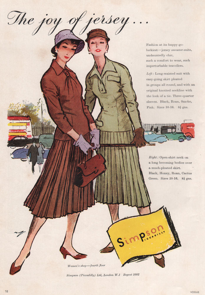 The Joy of Jersey. Simpson, Piccadilly. Jersey sweater-suit. Fashion advert 1955